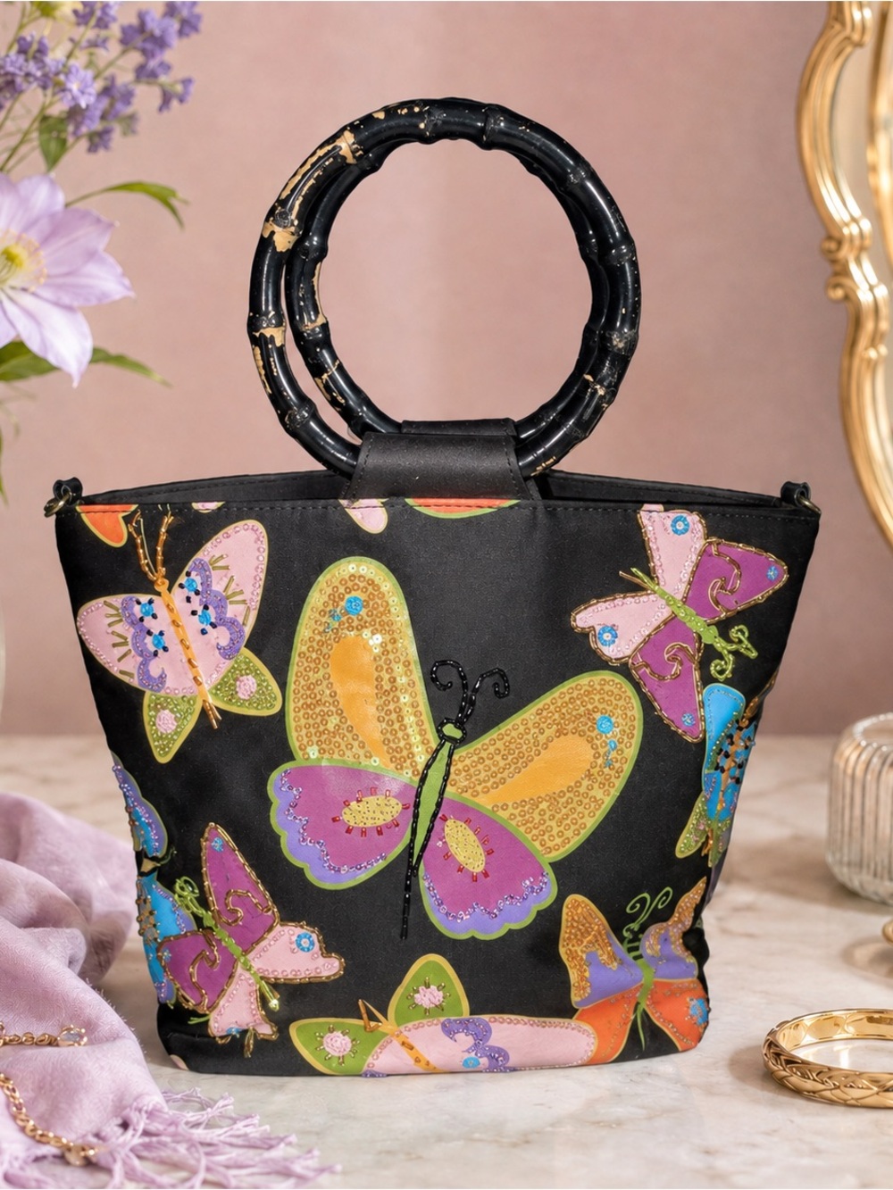 Bueno Butterfly Sequin Handbag Black Ring Handle Convertible Shoulder Bag